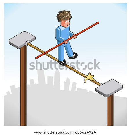Tightrope walker notices a banana peel on his rope (isometric illustration)