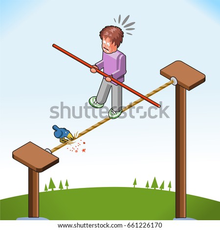 Tightrope walker notices a vicious bird picking on his rope (isometric illustration)
