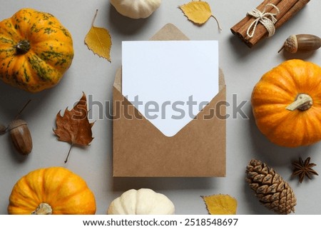 Similar – Image, Stock Photo Card with envelope on table with pink flowers and ribbons