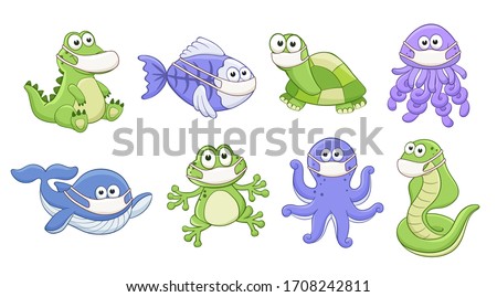 Cute cartoon animals wearing medicine mask vector illustration isolated on white background. Adorable baby animals in protection.