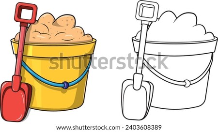Toy bucket and shovel full of sand, cartoon style vector illustration without background with color and without color.