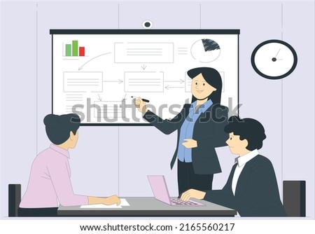 Employee presents report at business conference. Group of business people met at presentation. Office workers in meeting room. Concept of teamwork and work process. Flat vector illustration