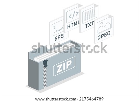 Downloading document concept. File with ZIP label Vector illustration. File type icons format and extension of documents of eps jpeg html txt flat design modern illustration Premium 