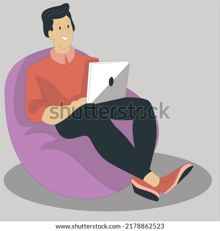 Young smiling businessman sitting in office chair and working laptop computer isolated. Profile of serious young man in sitting on chair and using laptop. smiley amazed student learning from laptop.