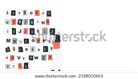 cut newspaper and magazine letters, numbers. Mixed uppercase and lowercase-multiple options for each one. Perfect design elements for a ransom note, creative typography. girl  making ransom note.