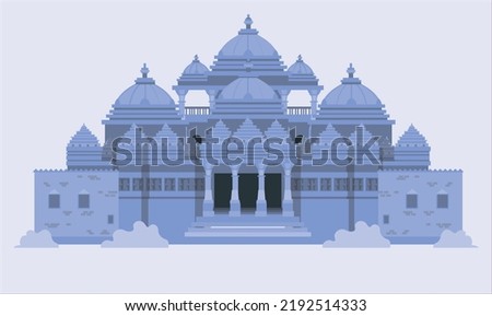 Akshardham Temple in New Delhi, India. Akshardham or Swaminarayan Akshardham complex is a Hindu mandir and a spiritual-cultural campus in India. Jain Temple Udaipur India. vector illustration