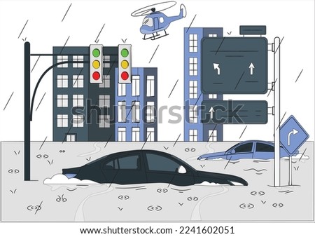 Flooded cars stand along the road. Unforeseen situation. Car accident insurance, force majeure. Vector illustration flat design, cartoon style. Isolated on white background. Side view.