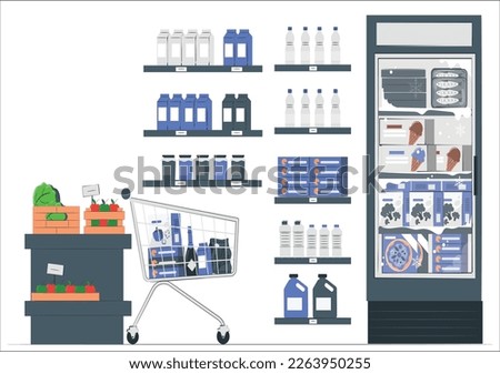 Trolley buying variety of food in grocery store. Goods in shelves of supermarket, standing in aisle flat vector illustration. Hypermarket department, consumerism concept