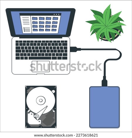 Laptops using portable external hard drive. External hard drive, data storage device, external storage hdd concept. isolated illustration