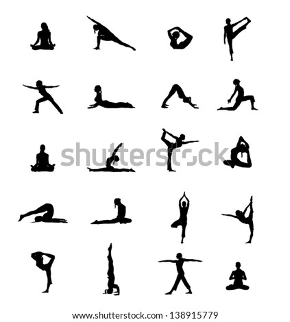 Set Of 20 Yoga Positions Black Vector Silhouettes Illustration