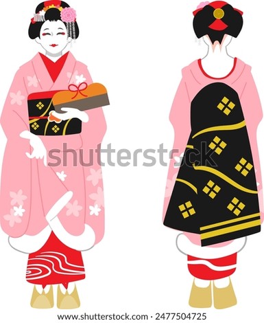 Vector illustration of a front and back view of a Kyoto maiko