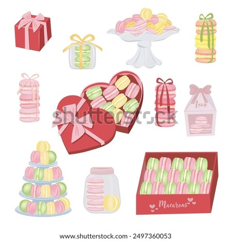 french macarons with elegant boxes with bows illustration set