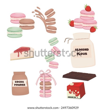 macarons with pastel color and its ingredients illustration set