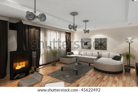 Modern living-room with the modern furniture and Fireplace