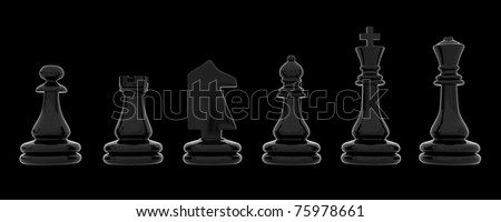 Black chess pieces isolated on black background