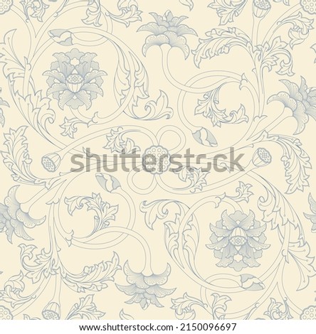 Seamless floral pattern with ornamental, Indian lotus flowers, buds and leaves in blue lines on a off white background