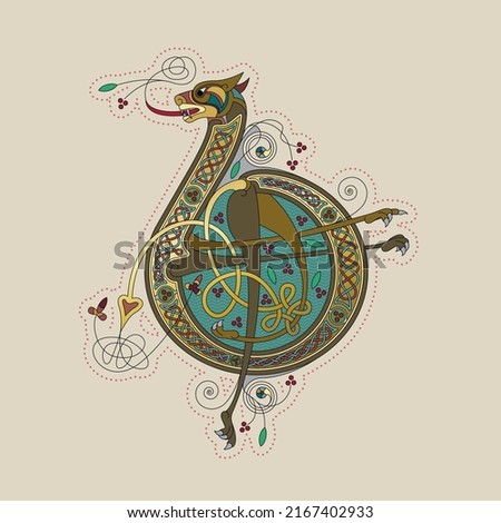 Illuminated, Medieval Initial Letter B combining animal body parts from a Lion, tendrils and endless Celtic knot ornaments Stock foto © 