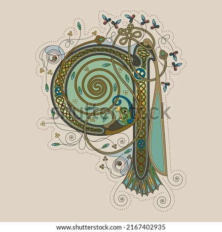 Illuminated, Medieval Initial Letter Q combining animal body parts from a Parrot and a Dragonfly, tendrils and endless Celtic knot ornaments Stock foto © 