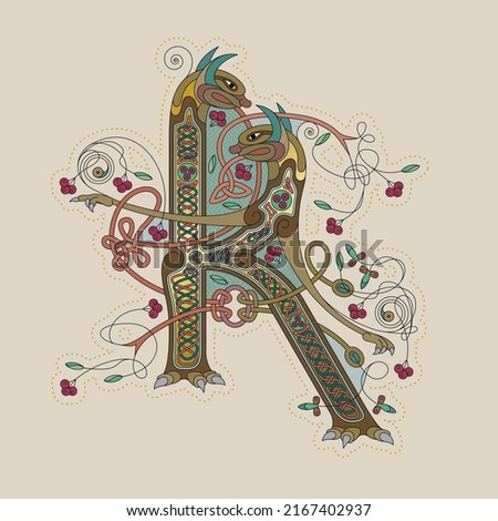 Illuminated, Medieval Initial Letter K combining animal body parts from Dogs, tendrils and endless Celtic knot ornaments Stock foto © 