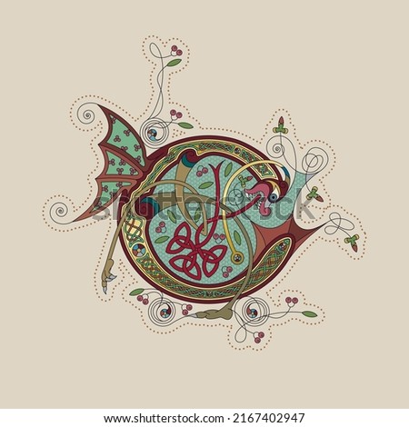 Illuminated, Medieval Initial Letter C combining animal body parts from a Dog and a Fish, tendrils and endless Celtic knot ornaments Photo stock © 