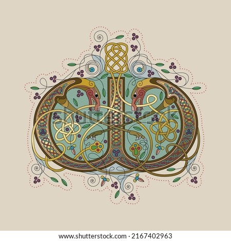Illuminated, Medieval Initial Letter W combining animal body parts from Dogs, tendrils and endless Celtic knot ornaments Stock foto © 