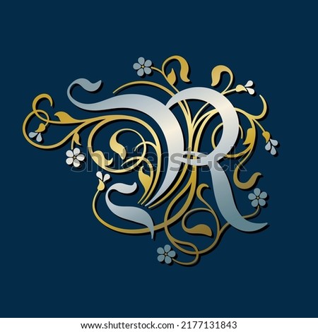 Ornamental Silver Initial Letter R With Golden Tendrils, Leaves And Forget-me-not Flowers On A Dark Blue Background	 Stok fotoğraf © 