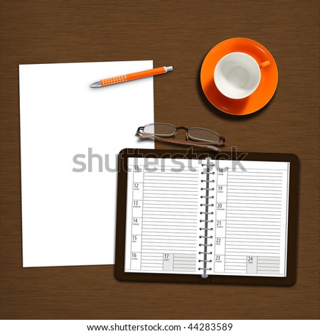 work desk with notebook, plain paper and coffeecup
