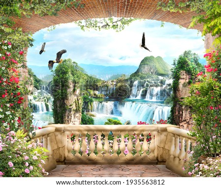 Digital fresco,View from the balcony of the mountain waterfalls