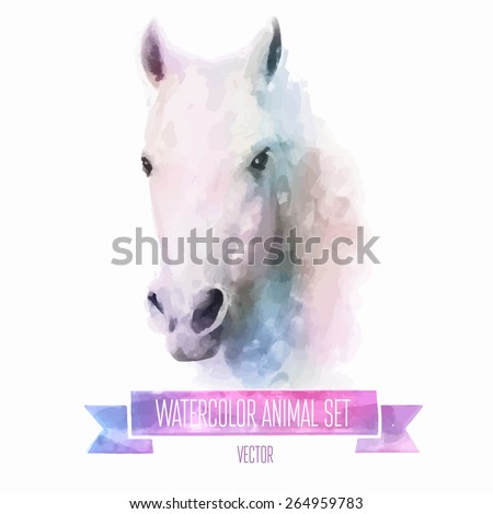 Vector set of animals. Horse hand painted watercolor illustration isolated on white background