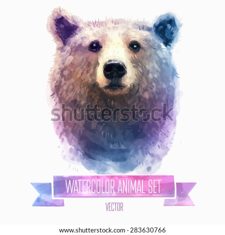 Vector set of animals. Bear hand painted watercolor illustration isolated on white background