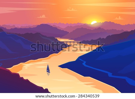 Sunset landscape. Vector design illustration for web design development, natural landscape graphics.