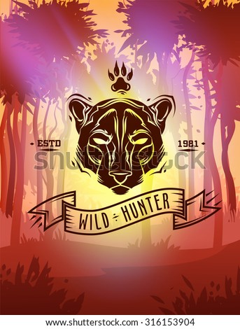 Vintage panther labels. Retro vector design graphic element,  for your design or poster. Wood background. Hunter woods background.