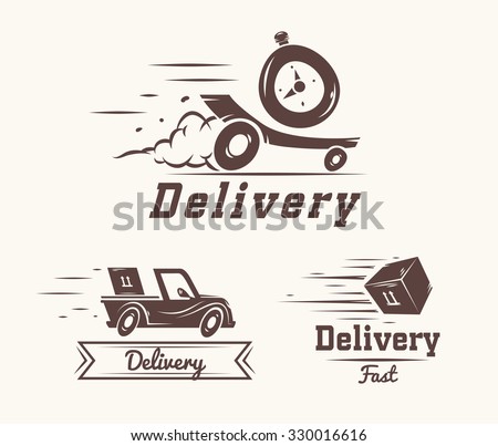 Turbo watch iconic logo design template for delivery service. vector illustration of flying reactive car, box and watch isolated on white background