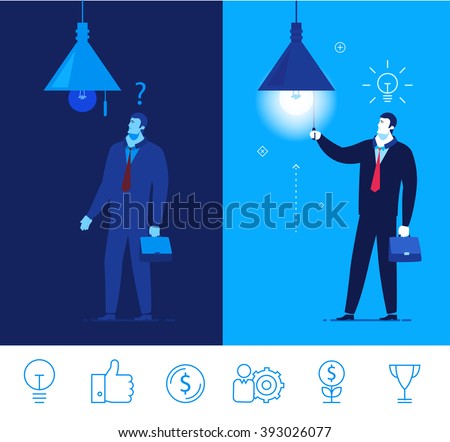Flat design vector concept illustration. Businessman standing in the dark and do not know what to do. Businessman turns on the light, and idea comes. Vector clipart. Icons set. turn on the light.