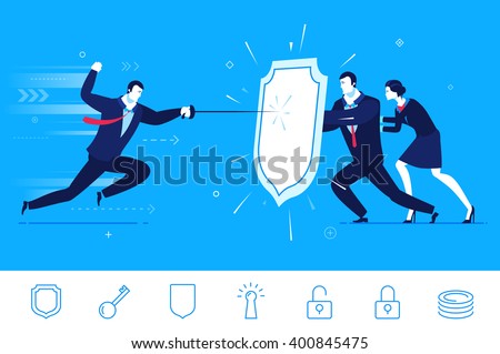 Flat design vector concept illustration. Teamwork. Businessman and businesswoman are protected by a shield from attack. Vector clipart. Icons set.