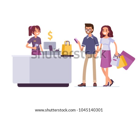 Man and woman shopping in cloth store and paying with card. Flat style vector illustration isolated on white background.