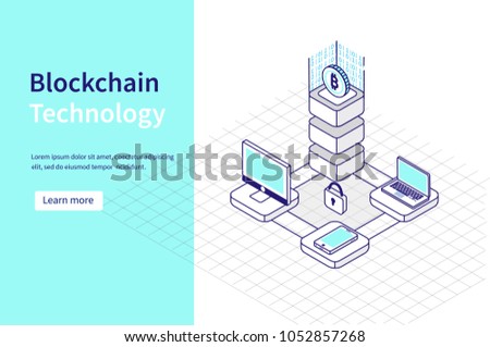 
Blockchain technology and cryptocurrency concept. Can use for web banner, infographics, hero images.  Line style Isometric vector illustration.