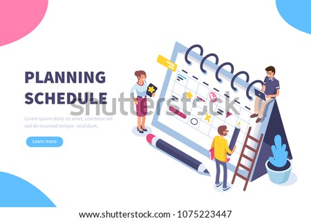 Planning schedule concept banner with characters. Can use for web banner, infographics, hero images. Flat isometric vector illustration isolated on white background.