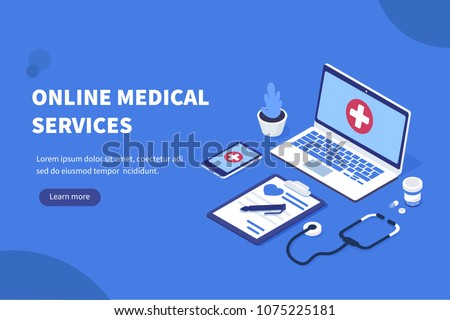 
Online medical concept banner with characters. Can use for web banner, infographics, hero images. Flat isometric vector illustration.