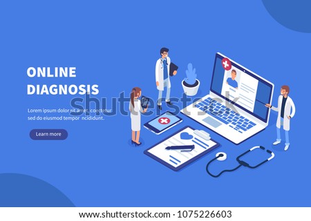 Online diagnosis concept banner with characters. Can use for web banner, infographics, hero images. Flat isometric vector illustration.