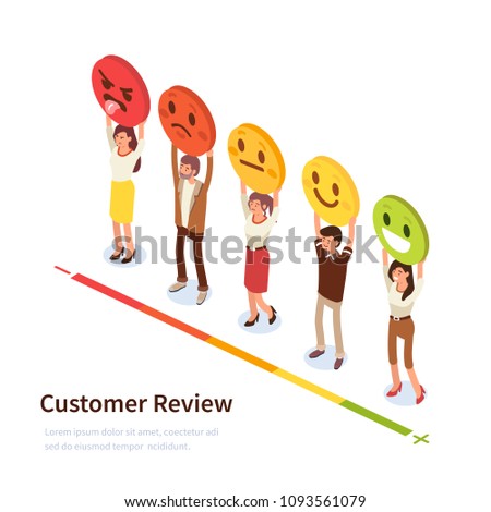 Customer review banner with characters. Can use for web banner, infographics, hero images. Flat isometric vector illustration isolated on white background.