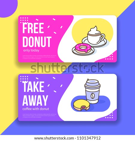 Coffee and donuts gift voucher template. Flat outline style vector illustration.