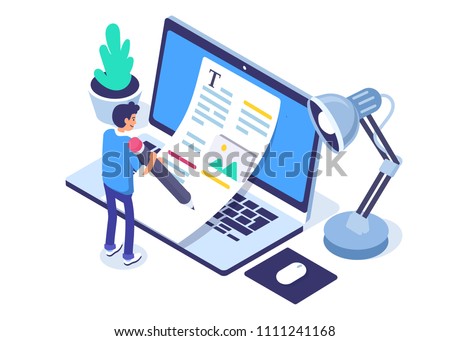 Copywriting concept banner with character. Can use for web banner, infographics, hero images. Flat isometric vector illustration isolated on white background.