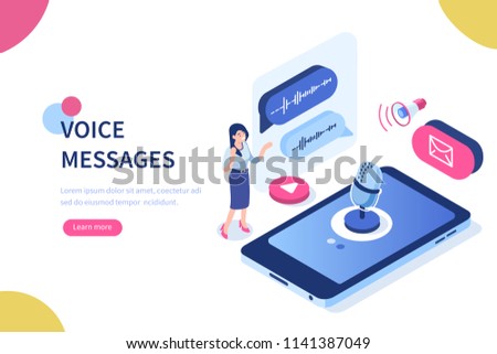 
Voice messages concept with character and text place. Can use for web banner, infographics, hero images. Flat isometric vector illustration isolated on white background.