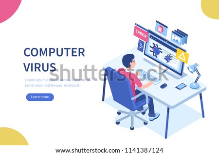 Computer virus concept with character and text place. Can use for web banner, infographics, hero images. Flat isometric vector illustration isolated on white background.