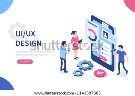 UX / UI design concept with character and text place. Can use for web banner, infographics, hero images. Flat isometric vector illustration isolated on white background.