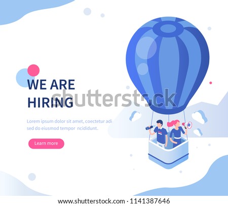 We are hiring concept with character. Can use for web banner, infographics, hero images. Flat isometric vector illustration isolated on white background.