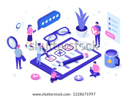 People fill out a questionnaire form. Can use for web banner, infographics, hero images. Flat isometric vector illustration isolated on white background.