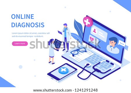 Online diagnosis concept with characters. Can use for web banner, infographics, hero images. Flat isometric vector illustration isolated on white background.