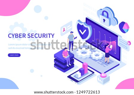 Cyber security concept with characters. Can use for web banner, infographics, hero images. Flat isometric vector illustration isolated on white background.